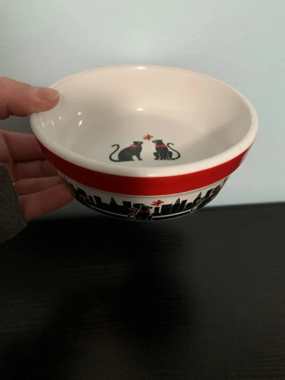 Pet bowl with whimsical city cats design